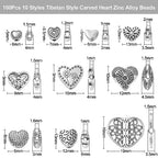 DanLingJewelry 100Pcs 10 Styles Tibetan Alloy Antique Sweet Love Heart Beads Heart Spacer Beads for Valentine's Day Jewelry Making - color: 100pcs - heart I - 10 styles