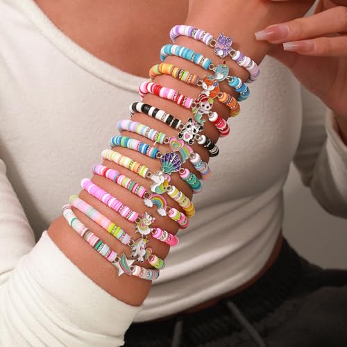 Friendship Bracelets Boho Stackable Bracelets for Women Surfer Heishi Clay Bead Bracelets Stretch Preppy Bracelets Colorful Boho Bracelets for Women - color: 12pcs cute animals