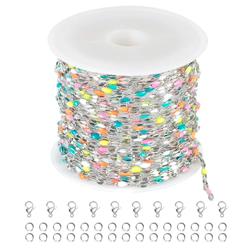 UMAOKANG 16.4 Feet Stainless Steel Chain for Jewelry Making Dainty Chain Necklace for Women Colorful Enamel Link Chain with Jump Rings and Lobster Clasps - color: Steel-Multicolored 1(yellow blue)