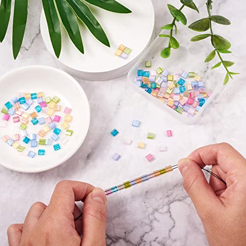 160pcs 2-Hole Glass Tila Beads 5x4.5-5.5x2-2.5mm 8 Colors Transparent Spray Painted Square Rectangle Seed Beads with Glitter for DIY Pendants Bracelets Jewelry Making, Holes: 0.5-0.8mm(Mix Color#1)