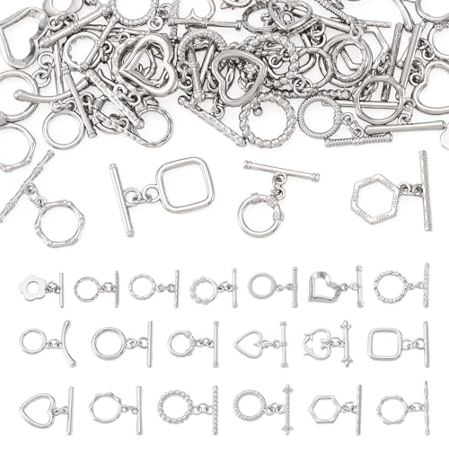 38Pcs Platinum Toggle Clasp, 19 Styles Bracelet Closure Clasps IQ Toggle Clasps Oval Flower Heart Clasp Fastener Hook Toggles Connectors for Necklace Bracelet Jewelry Making - color: Platinum-19 Styles