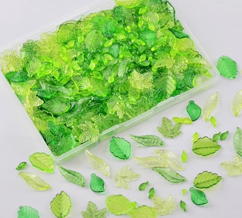 Green Leaf Beads for Jewelry Making 450pcs Assorted Bulk Transparent Acrylic Leaf Bead Charms Maple Leaves for Flower Caps Plants DIY Earring Pendant Jewelry Crafts