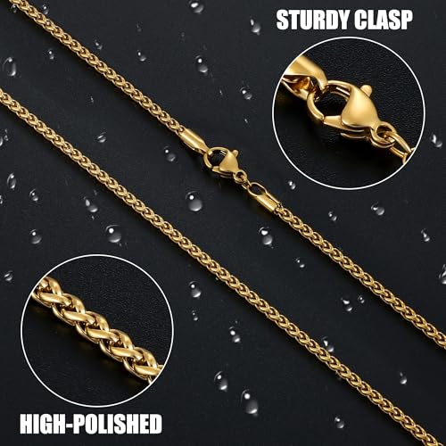 Fiusem Black Wheat Chains for Men and Women, 2/2.5/3/4/5mm Stainless Steel Necklace Chain, Mens Necklace Jewelry Gift 16-28 Inch - size: 24 Inches, style: Gold 2.1MM