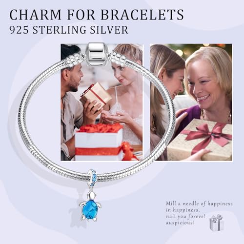 925 Silver Charms Pendants For Pandora Bracelet Golden charms Bead Safety Chain Clip set Heart Flower Animal Beads Family, Mom, Friend, Daughter, Birthday, Jewelry Gift - style: G-Blue Turtle