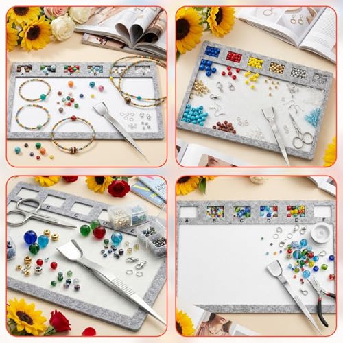 Asofelk Bead Mats for Jewelry Making 2Pcs, Grey Felt Beading Board with Scoop Tweezers, Non-Slip Fabric Bead Tray for Organizing Seed Beads & Jewelry Findings, Portable Jewelry DIY Crafting Tool Set