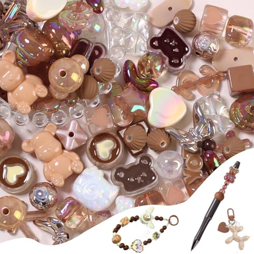 45-60PCS Large Acrylic Coffee Shiny Assorted Beads for Bracelet Making UV Plating Focal Beads for Pens Round Flower Bow Bear Heart Cube Cute Spacer Bead Bulk for DIY Jewelry Keychain Phone Charm - color: Coffee