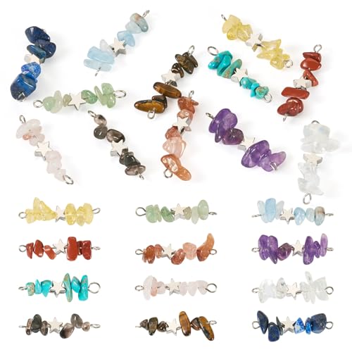 12Pcs Natural Gemstone Chip Connector Charms with Silver Star Beads Mixed Stone Beaded Double Loop Linking Pendants Colorful Natural Stone Charms with Pentagram Bead for DIY Jewelry Making - color: Mixed Color-Silver Star