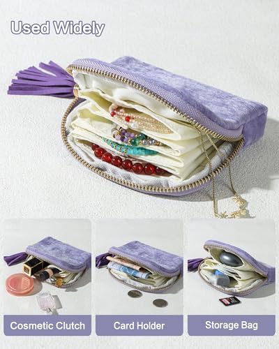 Travel Jewelry Case, Small Velvet Jewelry Bag with Zipper, 5-Layer Anti-Scratch Pouch for Bracelets Necklaces Earrings, Tangle-Free Jewelry Storage, Gift for Her Chenille Velvet Yellow - color: Yellow