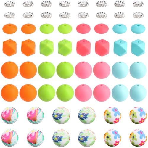 1 Box 97PCS Silicone Beads Kit Focal Round Hexagon Rondelle Rhinestone Assorted Pink Orange Green Spacer Loose Bead Charm Bulk for Jewelry Making Necklace Bracelet Keychain Diy Craft Supply