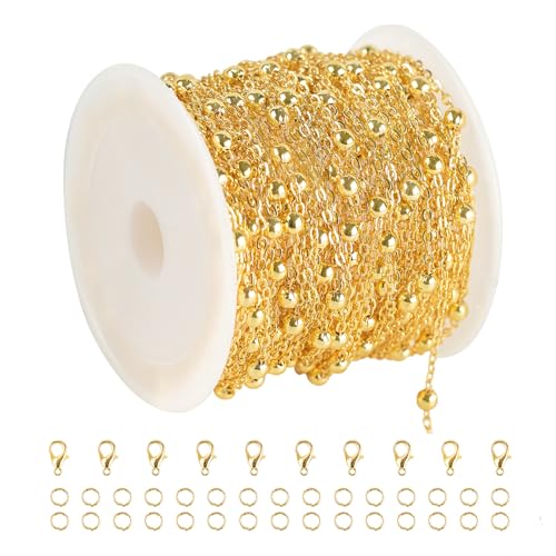 YOUBEIYEE 32.8 Feet Satellite Bead Chain for Jewelry Making 18K Gold Plated Brass Cross Chain Link Jewelry Chain Roll with Jump Rings and Lobster Clasps - color: Bead
