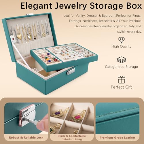 Homeanda Jewelry box 2 layer Jewelry box Leather Jewelry boxes for Women Girls Teens Jewelry organizer box Jewelry Storage box with lock(Green) - color: Green