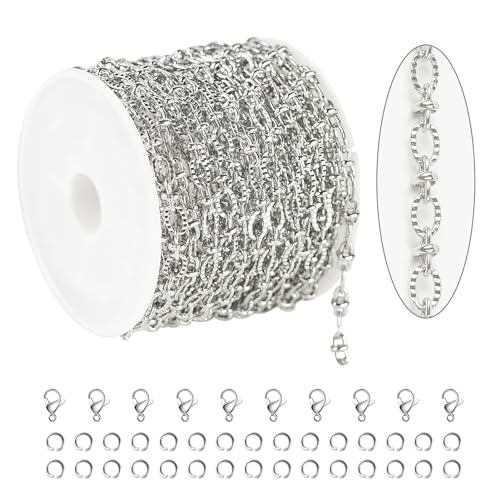 KYUNHOO 16.4 Feet Stainless Steel Chain Bulk Dainty Embossed Oval Cable Link Chain Roll Silver Jewelry Making Chains for Women Men DIY with Jump Rings Lobster Clasps - color: Silver Lip