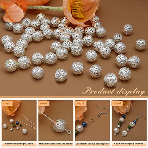 TOAOB 100pcs 10mm Silver Plated Filigree Hollow Ball Beads Round Metal Loose Spacer Beads for DIY Crafts Bracelets Necklaces Earrings Jewelry Making - color: Silver, size: 10mm