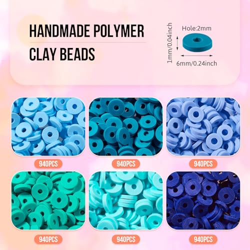 Elecrelive Mix Blue Clay Beads for Bracelets Making, 6mm Flat Round Heishi Spacer Beads Loose Polymer Clay Chips 5640pcs for Chocker Necklace Earring DIY Crafts - color: Deep Sky Blue
