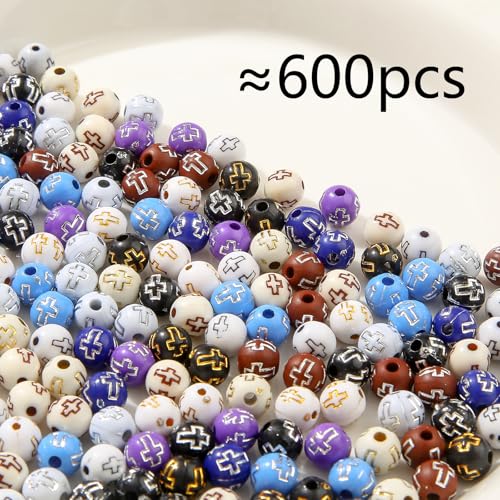 8mm Acrylic Beads 600pcs Cross Bead Multicolor Spacer Bubble Beads Plastic Crafts Bead for DIY Necklaces Bracelets Earrings Jewelry Making (Cross) - color: black&brown