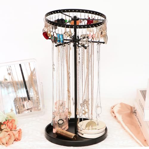 360 Rotating 2-Tier Jewelry Organizer Stand, Large Earring Holder Organizer with 48 Holes for Studs，24 Prongs for Necklaces, Wide Base for Bracelets, Watches, Lipstick, Jewelry Display Stand for Women - color: Metal,2-Tier,Black