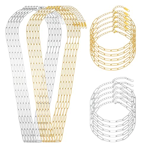 Swyabi 20 PCS Paperclip Chain Bracelet Necklace Kit Stainless Steel Charm Bulk Chains with Extender for DIY Jewelry Making Supplies Accessories (Gold + Steel） - color: 4x12mm Gold Silver