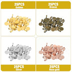 salbsever 100 PCS Jewelry Bails for Jewelry Making Glue on Bails Round Flat Pad Metal Pendant Connectors Golden Silver Bronze Rose Gold for Necklace Bracelet DIY Crafts