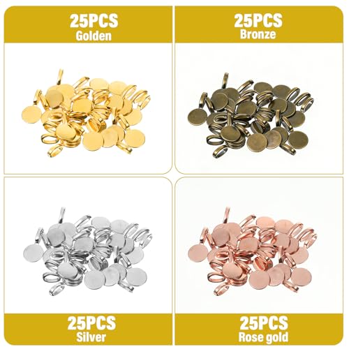 salbsever 100 PCS Jewelry Bails for Jewelry Making Glue on Bails Round Flat Pad Metal Pendant Connectors Golden Silver Bronze Rose Gold for Necklace Bracelet DIY Crafts