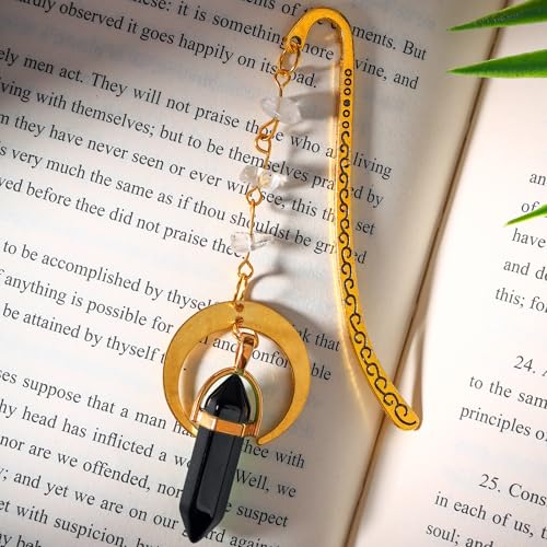 Vintage Metal Bookmark Pendant with Natural Crystal Stones Black Obsidian Bead Chain–Elegant Bookmarks for Women,Men,Book Lovers,Teachers and Girls(Black Onyx) - style: Black Onyx