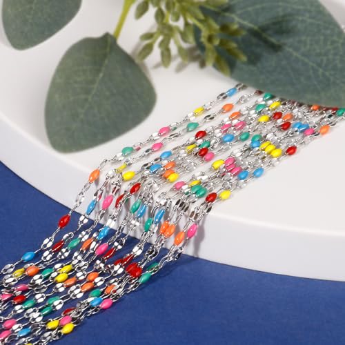 [16.5FT] Enamel Chains for Jewelry Making 2MM Stainless Steel Enamel Lip Link Chain Bulk for Necklace Bracelet - color: Stainless Steel Colorful