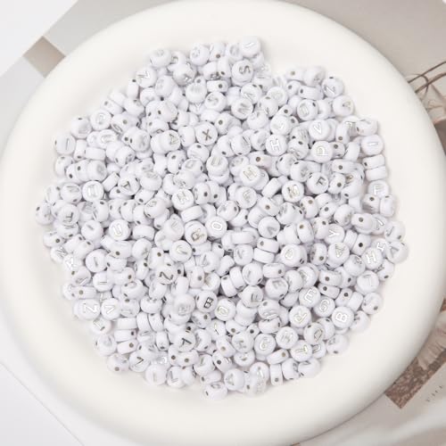 1000pcs 4x7mm Round Letter Beads White Acrylic with Silver Letter Alphabet for Jewelry Making Friendship Bracelets (Silver White) - color: Silver White