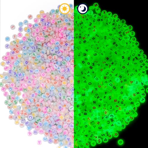 Gionlion 1200+Pcs Round Letter Beads for Bracelet Making, Acrylic Alphabet Beads for Jewelry Making, DIY Friendship Bracelets with 4x7mm Glow in The Dark Beads with Colorful Letters - color: Glow in The Dark