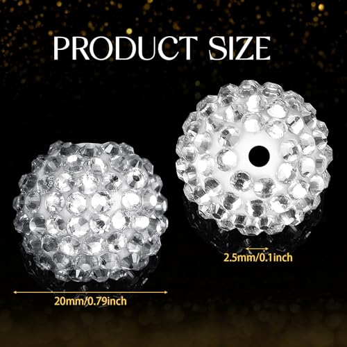 40 Pcs 20 mm Rhinestone Beads Bulk Crystal Round Disco Ball Chunky Bubblegum Beads for Pens Bracelets Charms Craft European Style Jewelry Making Supplies Christmas(White and Silver) - color: White and Silver