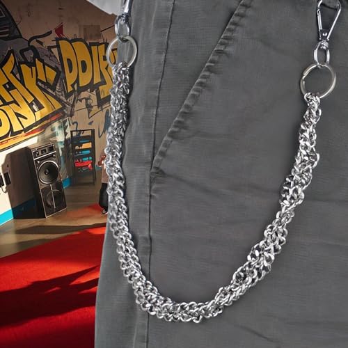 Layered Punk Pants Chain for Men Women, Gothic Hip Hop Jean Chain Wallet Chain Biker Trouser Chain, Goth Emo Fashion Keychain Accessories - color: 1L-Silver Twisted
