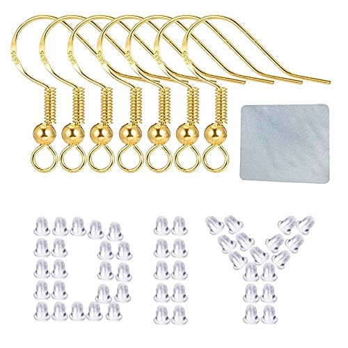 Hypoallergenic Gold Earring Hooks - 120 pcs/60 Pairs 18k Gold Nickel Free Ear Wires Fish Hooks for Jewelry Making, Jewelry findings Parts with 120 pcs Rubber Earring Backs Stopper for DIY Earrings - color: Regular 18K Gold 1