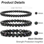 3Pcs Natural Healing Crystal Bracelets for Women Men, 4mm 6mm 8mm Beaded Stretch Bracelet Set, Black Tourmaline Natural Stone Gemstone Jewelry Gifts for Meditation, Reiki & Yoga - color: Black Obsidian