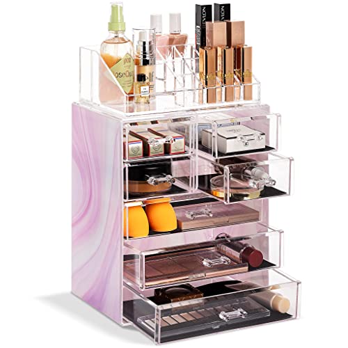 Sorbus Acrylic Makeup Organizer Set, 7-Drawer Vanity & Countertop Cosmetic Storage with Small & Wide Compartments, Tie Dye Makeup Storage for Brushes, Jewelry – Holiday Gift for Women & Teens - color: Tie Dye, size: 3 Large, 4 Small Drawers