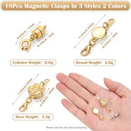 18 Pcs 3 Styles Magnetic Necklace Clasps and Closures, Rose Round Cylindrical Jewelry Magnetic Clasp Connector Locking Magnetic Clasp Bracelet Extender for Jewelry Making (Gold, Silver) - color: Gold Silver