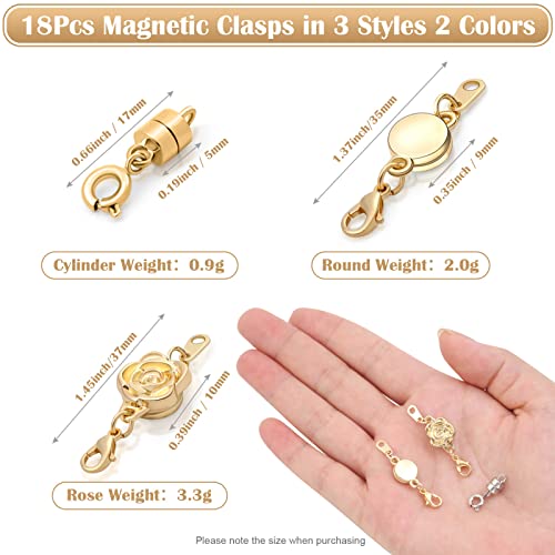 18 Pcs 3 Styles Magnetic Necklace Clasps and Closures, Rose Round Cylindrical Jewelry Magnetic Clasp Connector Locking Magnetic Clasp Bracelet Extender for Jewelry Making (Gold, Silver) - color: Gold Silver