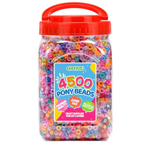 Glitter Pony Beads 2.5 lb Bulk– 4500 pcs Colored Plastic Kandi Beads in Handle Bucket for Craft Supplies, Jewelry Making, Bracelets, Hair Braiding & DIY Projects 6x9mm Wide Hole - color: Multi Colored-Glitter Beads, size: Large