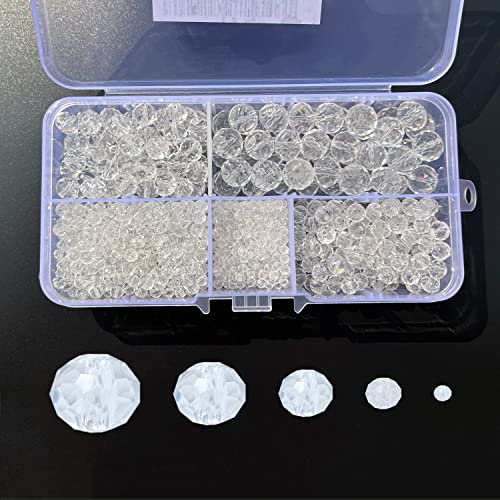 1000pcs Clear White Glass Beads for Jewelry Making, 2/4/6/8/10mm Assorted Crystal Beads Faceted Briolette Crystal Glass Beads for DIY Craft, Rondelle Spacer Beads for Bracelets Necklaces - color: White