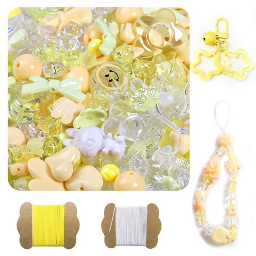 500G Assorted Acrylic Beads 600-760PCS Cute Beads for Jewelry Making 10M 0.8MM Nylon Strip Flower Star Bear Bow Aesthetic Kawaii Charms for Bracelet DIY Necklace Keychain Phone Charm-Yellow - color: 500g-Yellow