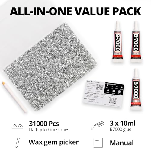 31000Pcs Silver Clear Rhinestones Gems Bedazzling Bedazzler Kit, Crystal Bedazzled Flatback Diamonds for Crafting Clothes Crafts Shoes Fabric, Jewels Bedazzle Resin Flat Back Gemstone 2-6mm b7000 Glue - color: Silver clear 2-6mm, size: Large Pack + 3Pcs G