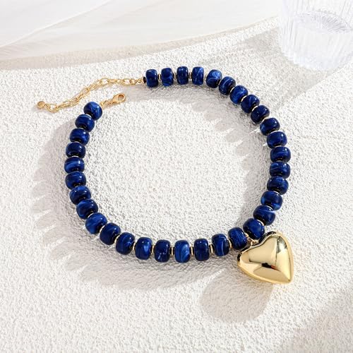 Gold Heart Pendant Necklaces for Women Colorful Acrylic Resin Beaded Choker Necklace Fashion Chunky Statement Beaded Heart Necklace - color: Blue