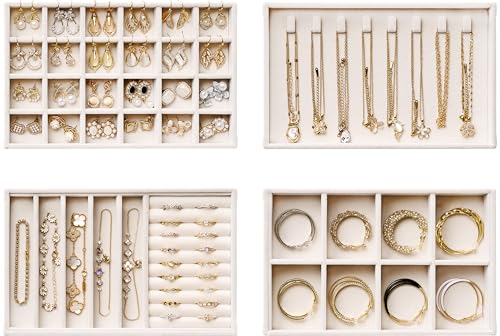 Velvet Jewelry Drawer Organizer Trays – 4-Layer Stackable Jewelry Storage Inserts Set, Beige Jewelry Tray Set for Earrings, Rings, Necklaces, Bracelets with Removable Dividers for Dresser & Vanity - color: Beige, size: Compact (Tablet Size)