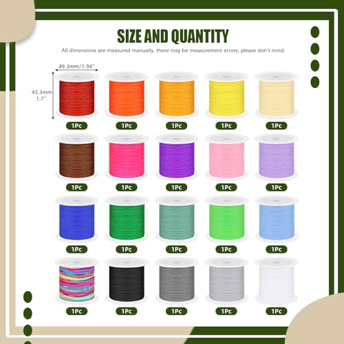 Keadic 437 Yards/ 400 Meters Nylon String for Bracelets Making, 20 Rolls 0.8mm Satin Silk Chinese Knotting Cord Beading Thread for Friendship Bracelets Tassels Necklaces Jewelry Crafting