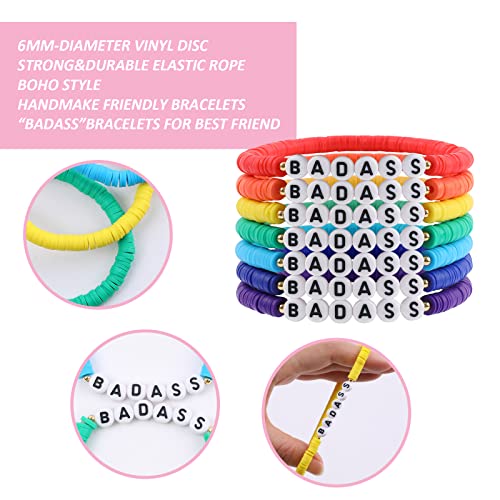 Rainbow Heishi Surfer Bracelets Set for Women Stackable Clay Beaded Bracelets Disc Stretch Preppy Bracelets Layering Colorful Friendship Bracelets Team Cheer Bulk Boho Summer Beach Jewelry Gift - style: BADASS