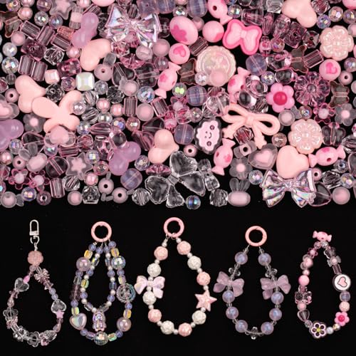 LAIDANLA Acrylic Pink Beads for Bracelets, Aesthetic Cute Pink Beads for Jewelry Making DIY Necklace Keychain Phone Charm Assorted Random Mixed Kawaii Bead Charms 160g - color: Pink