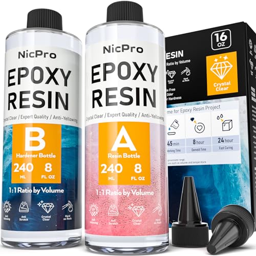 Nicpro 16 Ounce Crystal Clear Epoxy Resin Kit, Food Safe DIY Starter Epoxy Resin for Craft, Canvas Painting, Molds Pigment Jewelry Making, Coating and Casting - size: 16 oz