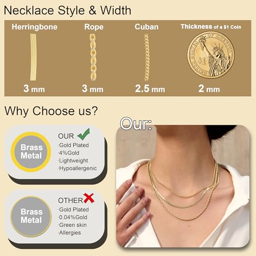 Freekiss Women's Layered Necklace Set - 3 Piece Dainty Gold Jewelry for Everyday Stacking | 14K Gold Plated Snake Chain, Rope Chain, Cuban Chain | Adjustable Length 14-18.5 Inch | Gift Ready - color: Gold, style: 3Snake+Rope+Cuban