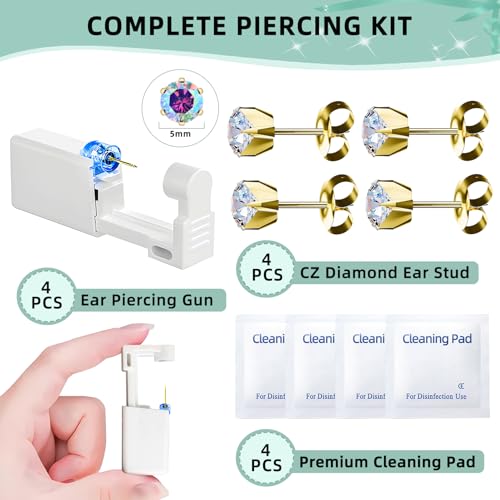 Nunpag 12 Pcs Ear Piercing Kit Disposable Ear Piercing Gun Kit with 4 Pcs 6 Prong Setting Cubic Zirconia Earrings Stud 316L Stainless Steel Easy to Use at Home Self Ear Piercer Gun Kit Tool - color: Gold-Rainbow
