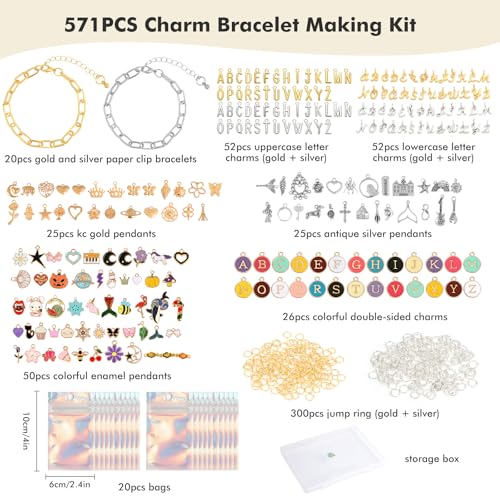 Zplontya Charm Bracelet Making Kit - 571 Pcs Jewelry Supplies with 20Pcs Bracelet Chains, Storage Box & Gift Bags, DIY Bracelet Kit for Jewelry Making, Gold & Silver Charms for Crafting - color: Gold and Sliver