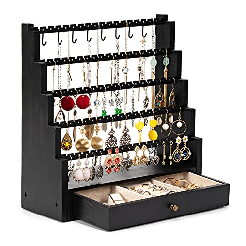 Pinzoveco Earring Organizer, 5 Layer Earring Holder Organizer with Metal Necklace Holder Pole, Rustic Wood Jewelry Organizer Stand Display for Stud Earring Bracelet Necklace Ring, 175 Earring Holes - color: Black