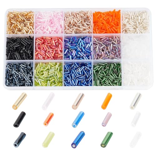 About 3750 Pcs 15 Colors Glass Bugle Beads, Mixed Color Screwy Bugle Beads Long Tube Seed Bead Loose Spacer Bead for DIY Crafting Jewelry Making - color: Mixed Color