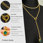 Heart Slip Chain Necklace for Women, 39 Inch Cuban Chain, Removable Heart O-Ring, Crystal Pendant, Adjustable Stainless Steel Y-Necklace - color: Gold-Green